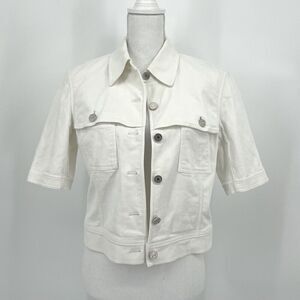 Celine White Denim Cropped Jean Jacket Short Sleeve Silver Buttons Size 40FR